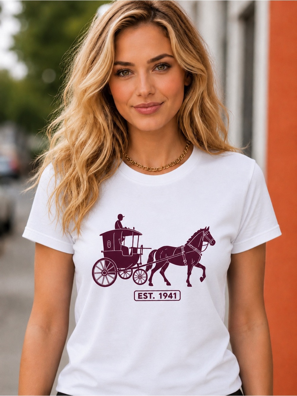 Horse & Carriage EST. 1941 White and Burgundy Graphic Tee - Women’s Small NWOT